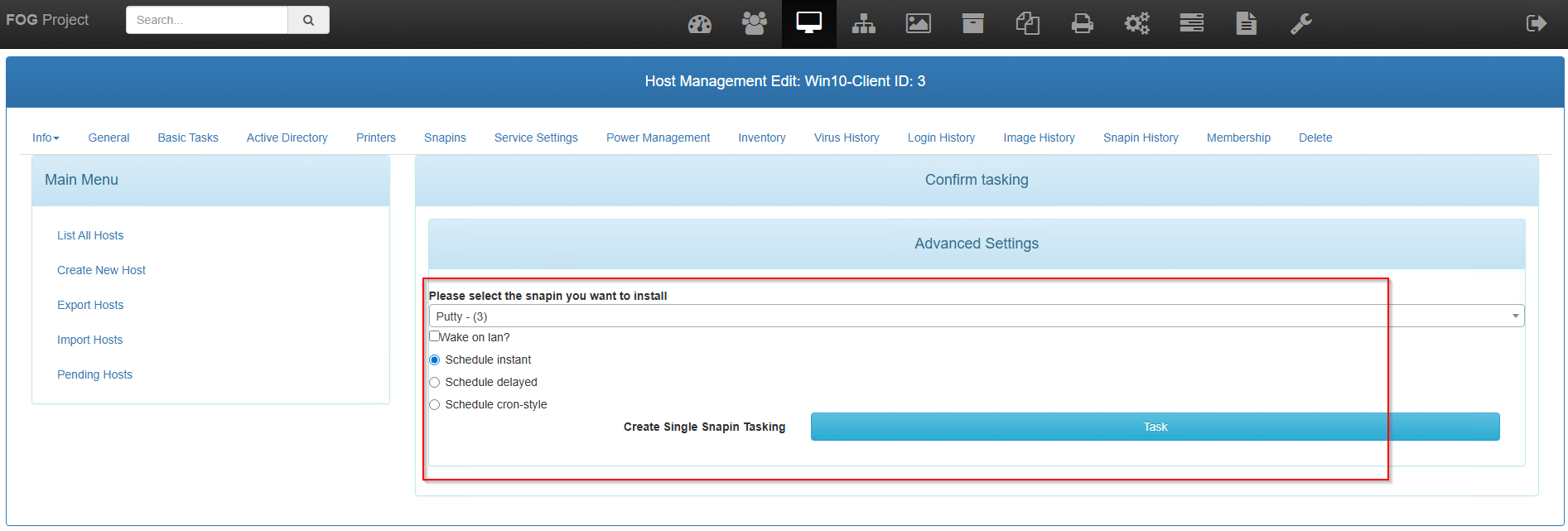 Confirmation de la tâche d'installation du snapin