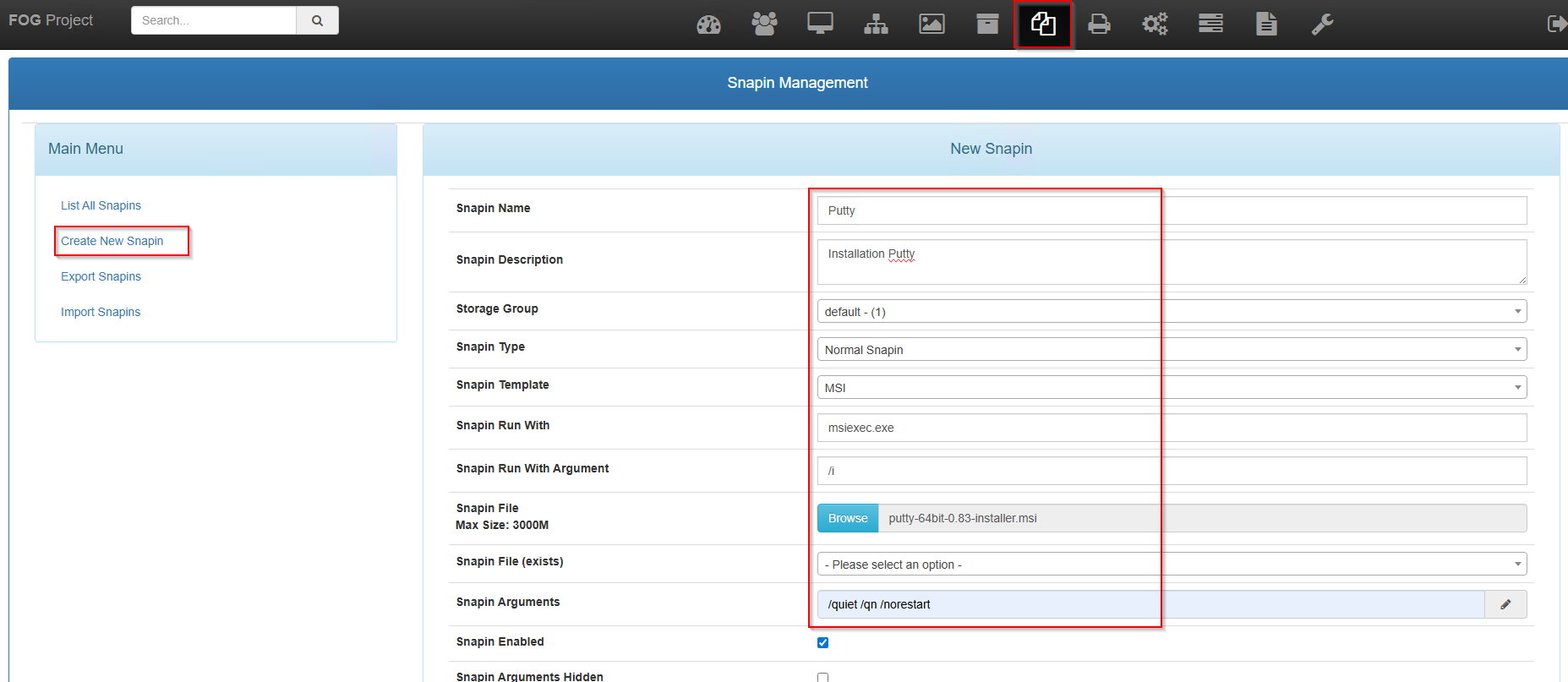 Création d'un snapin FOG pour Putty