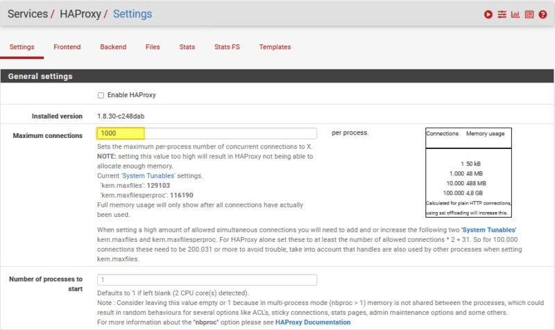 Paramètre Maximum connections à 1000 dans HAProxy Settings
