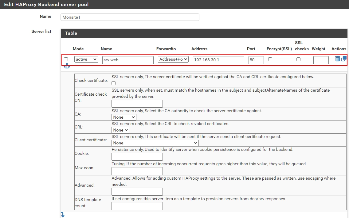 Configuration du backend server pool HAProxy