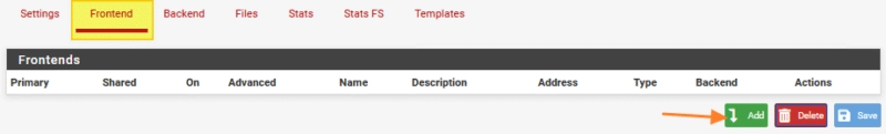 Liste des frontends HAProxy avec bouton Add