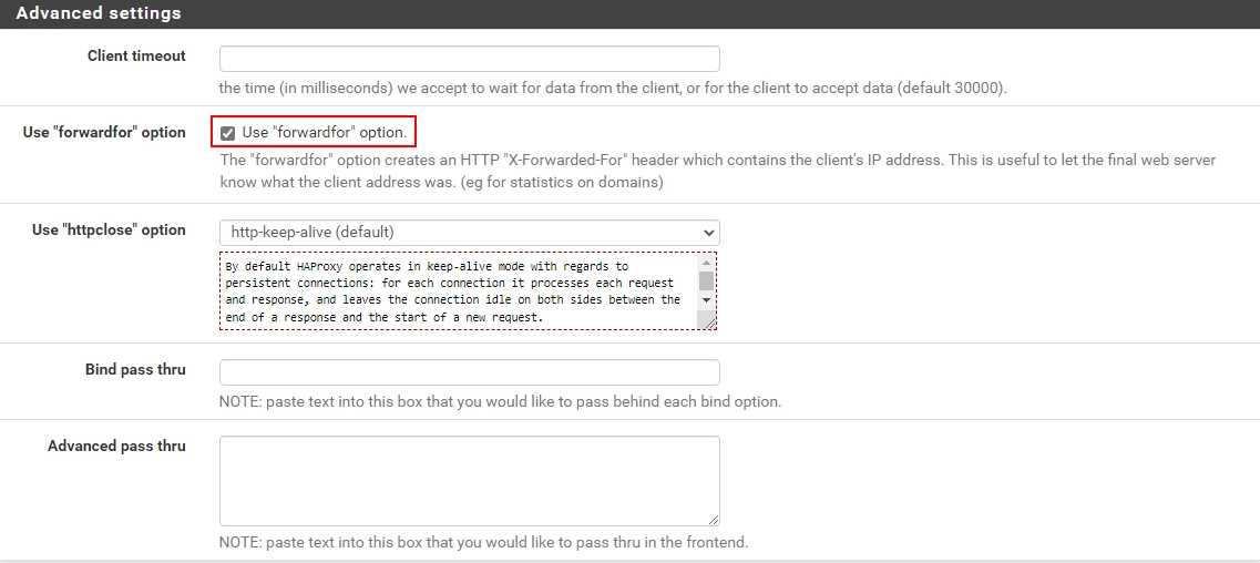 Option Use forwardfor cochée dans Advanced settings
